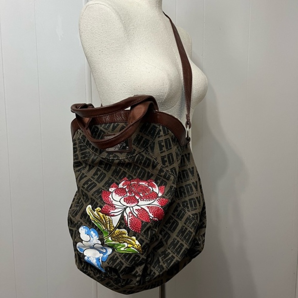 Ed Hardy vintage 2000s hobo style purse with rhinestone flowers‎